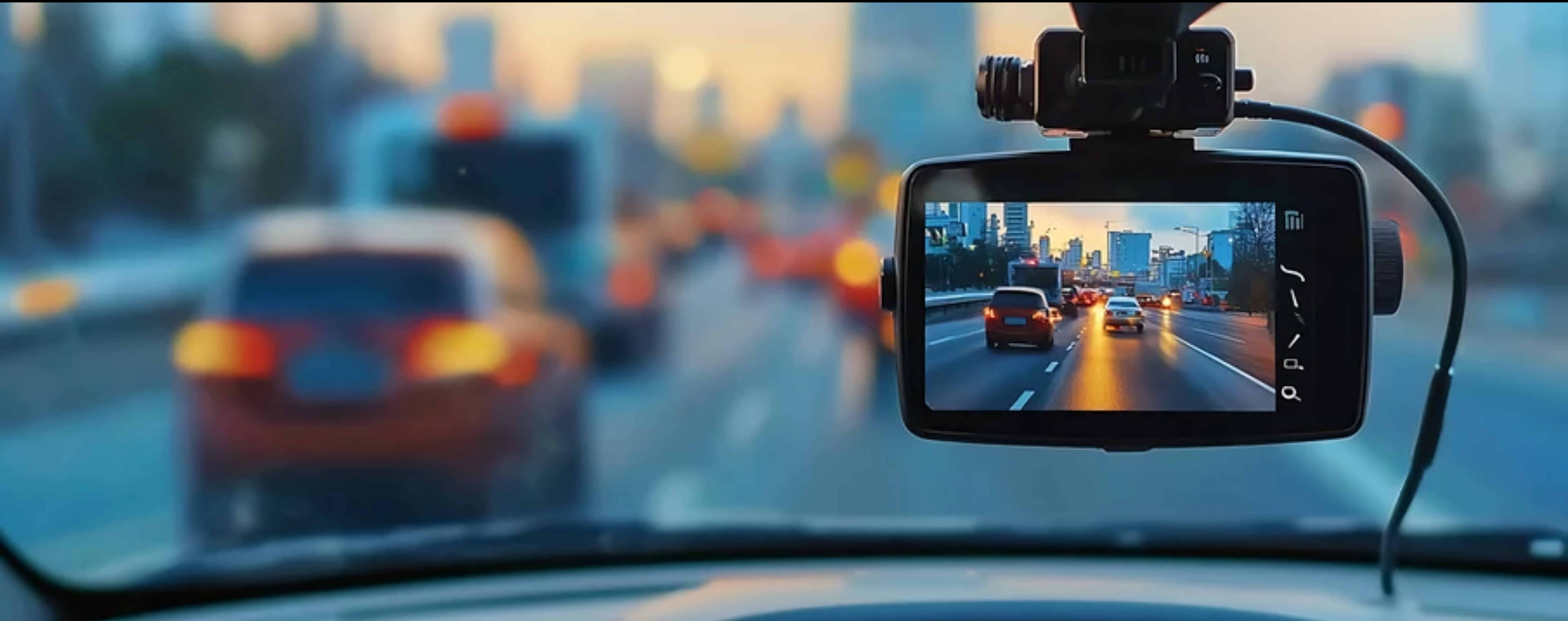 Dashcam mounted on windshield recording highway traffic